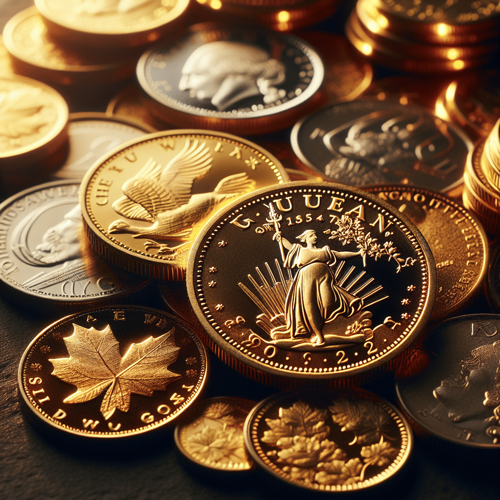 En samling av Krugerrand og Gold Maple gullmynter lysende mot en mørk bakgrunn