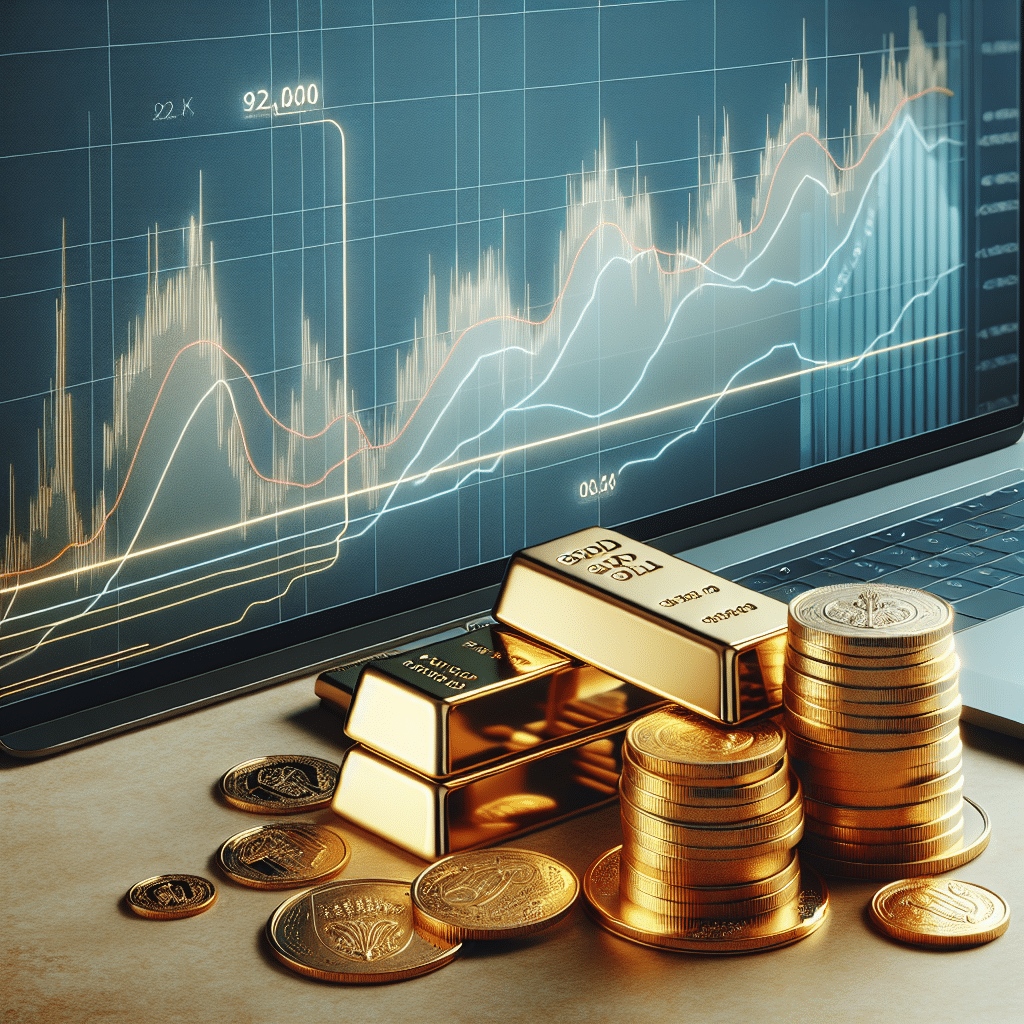 Nærbilde av gullbarrer og mynter ved siden av en graf som viser prisbevegelser, moderne og profesjonelt, norsk kontekst, nøytralt bakgrunn