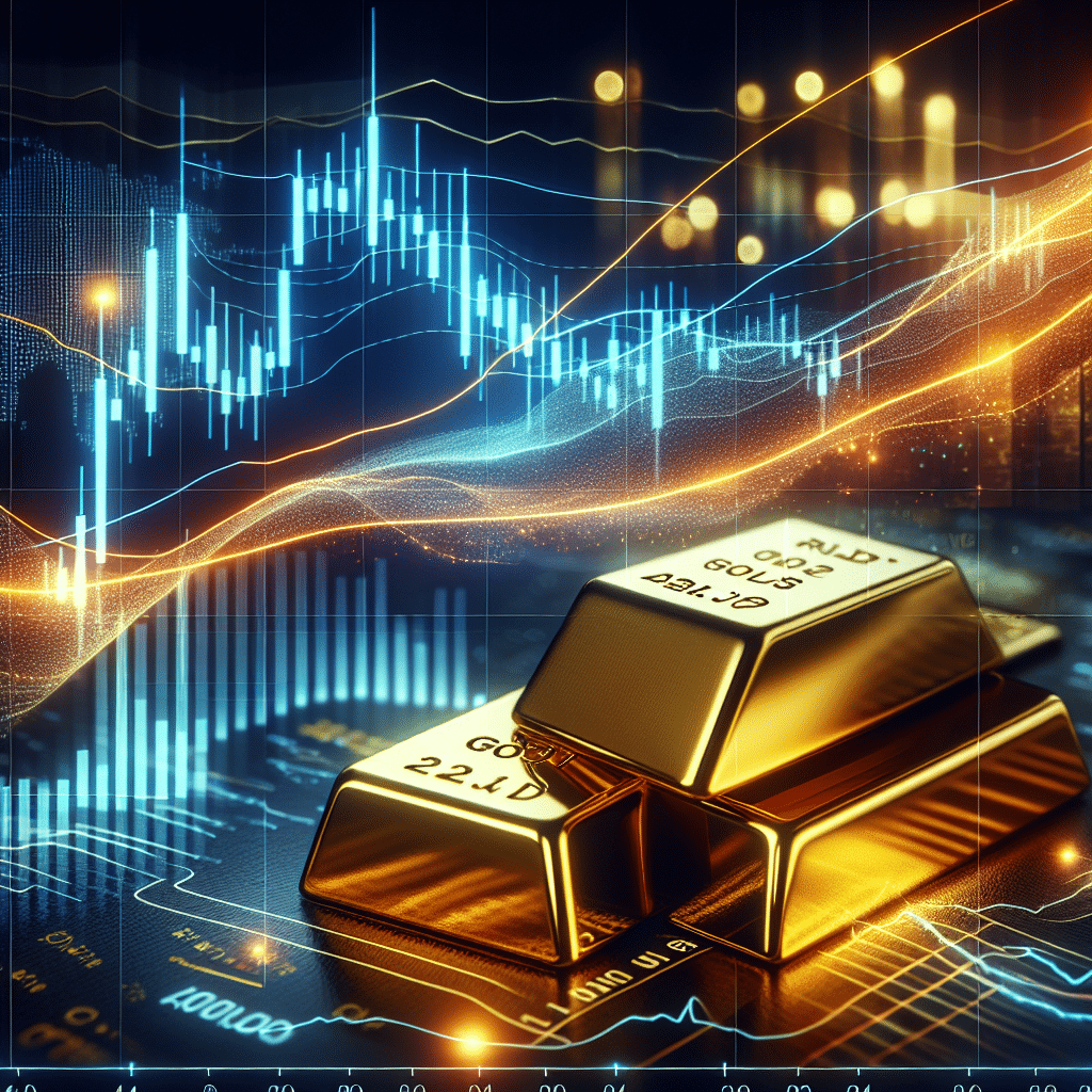 Nærbilde av gullbarrer foran et moderne finansdiagram med glidende gjennomsnitt, RSI og lysende trendlinjer, profesjonelt og informativt.